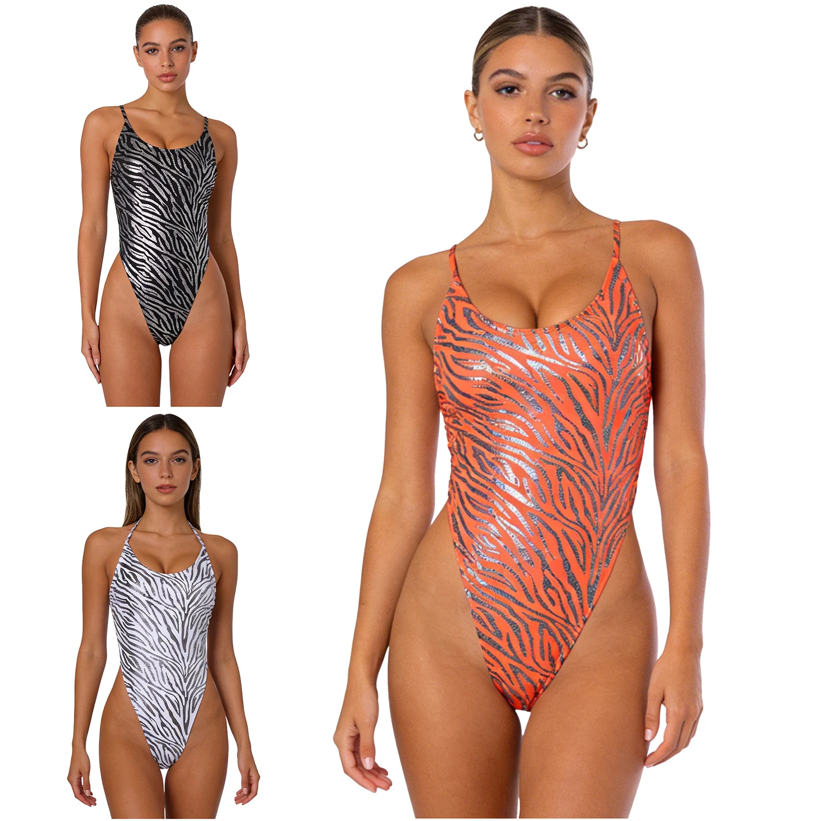 

Женское сексуальное белье: блестящий металлический боди-купальник с зебровым принтом, со съемными вкладышами для груди, без спинки, с Т-образной спинкой, цельный купальник