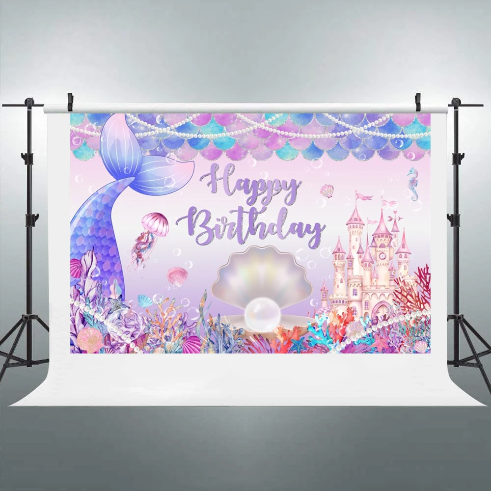Laeacco-telón de fondo de sirenita de dibujos animados para fotografía, fiesta de cumpleaños de bebé, Decoración de mesa de pastel, telón de fondo fotográfico, estudio fotográfico