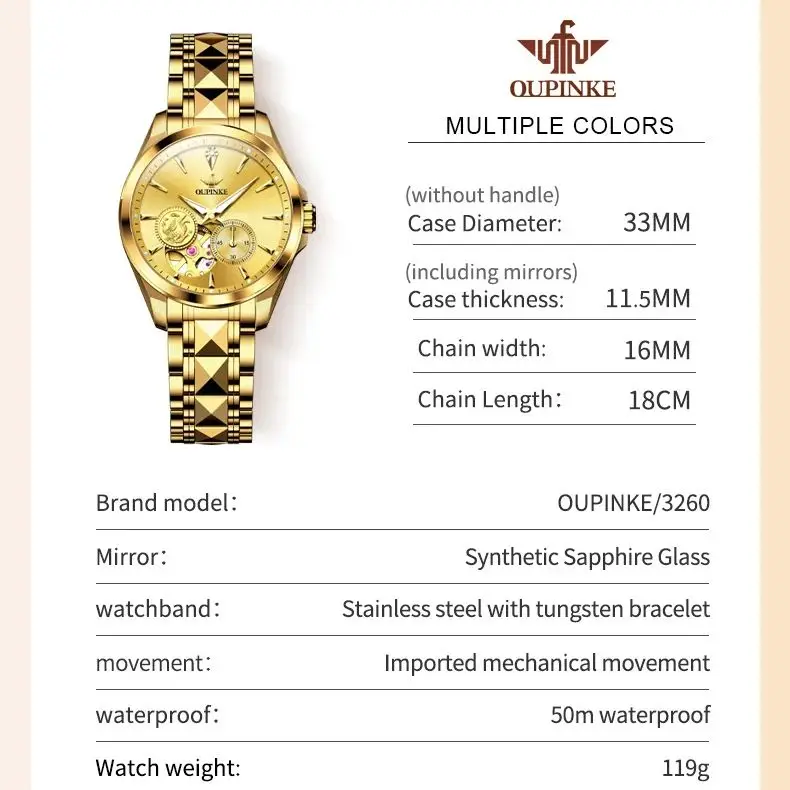 OUPINKE 3260 Women\'s Watches Imported Japan Movements（MIYOTA）Tungsten steel Tape Luxury Waterproof Chronograph Ladies Watch Set