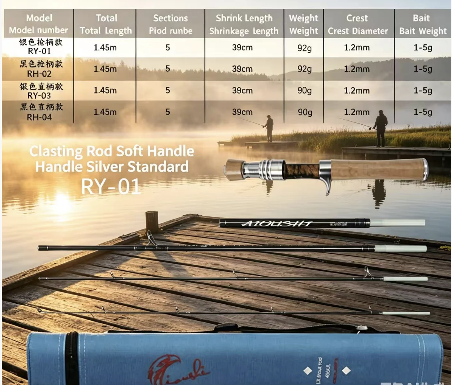 Aioushi multifunctional catapult fishing rod 1.43m 5-section hollow fiberglass trout rod, easy to carry, 3A cork ultra-light