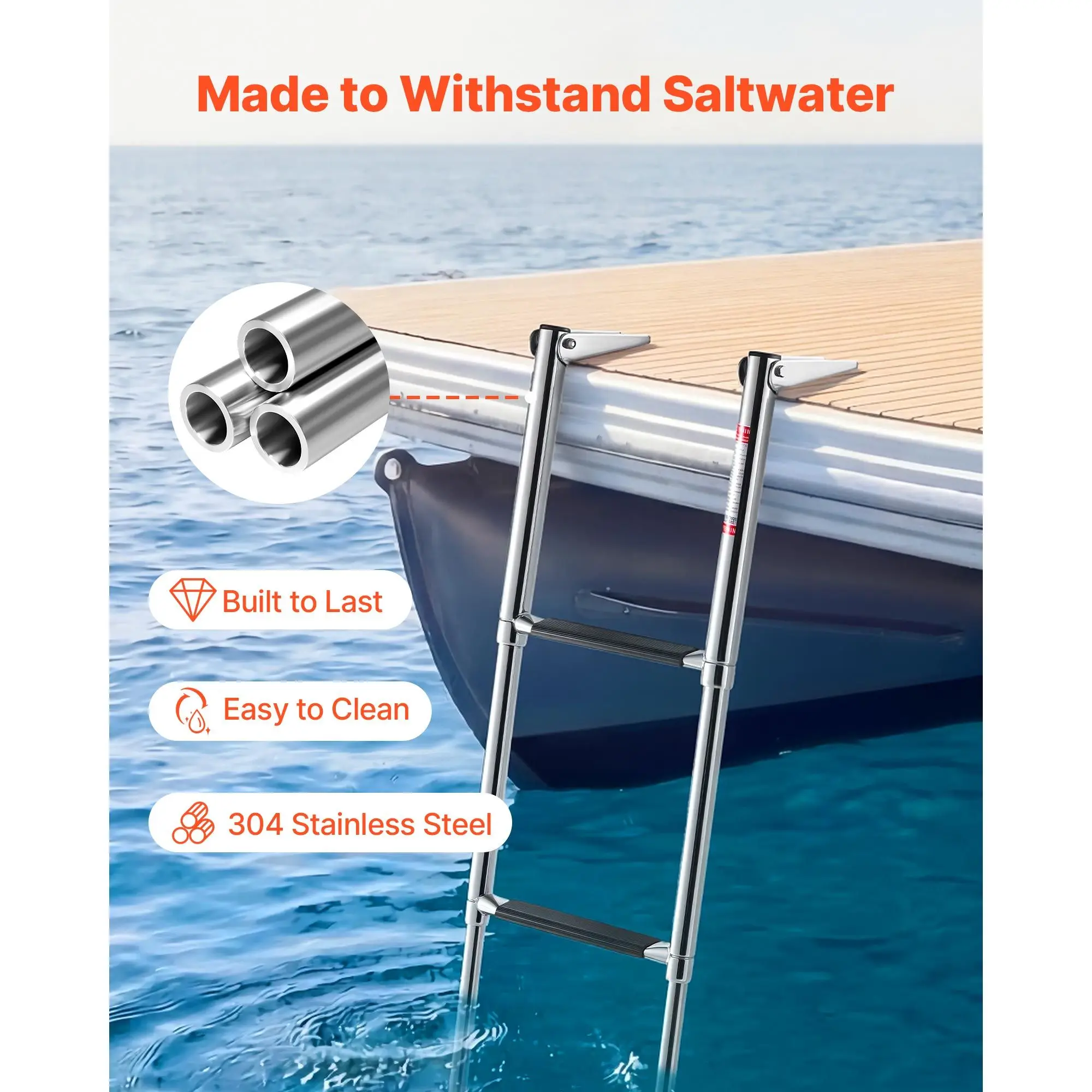 Boat Ladder, 4 Steps, Stainless Steel Telescoping Folding Swim Deck Ladder for Rear Entry Inboard, Heavy Duty 900 Lbs Capacity