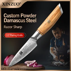 XINZUO 3.5'' Peeling Knife Damascus Steel Kitchen Fruit Knives Tools Power VG10 Core Razor Sharp Blade with Olive Wood Handle