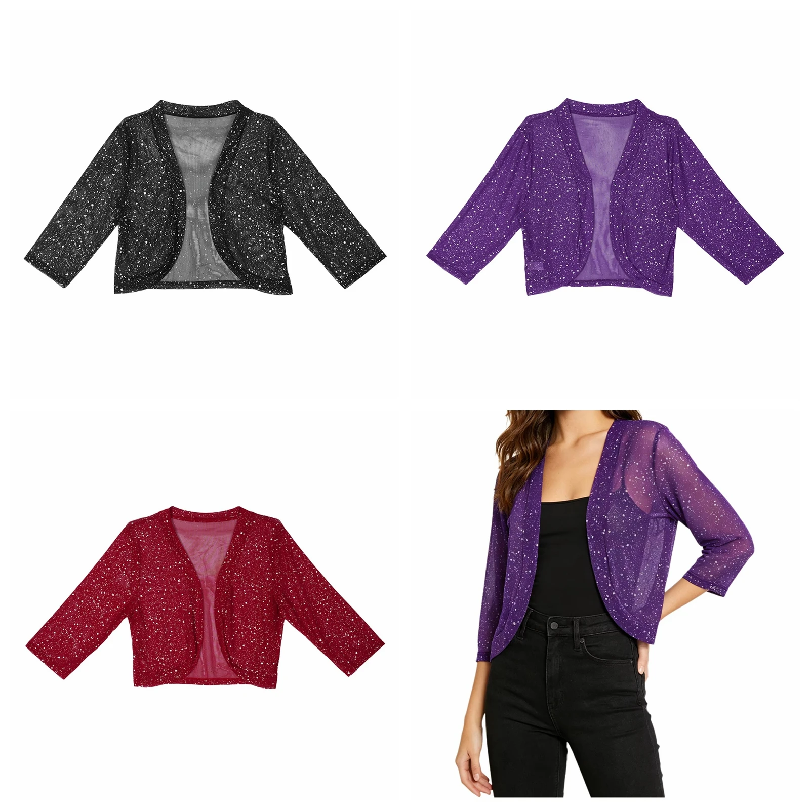 Women's Mesh Open Front Bolero Party Cropped Cardigan | Sheer 3/4 Sleeve Coats Jacket See Through Rave Festival Dressy Outerwear