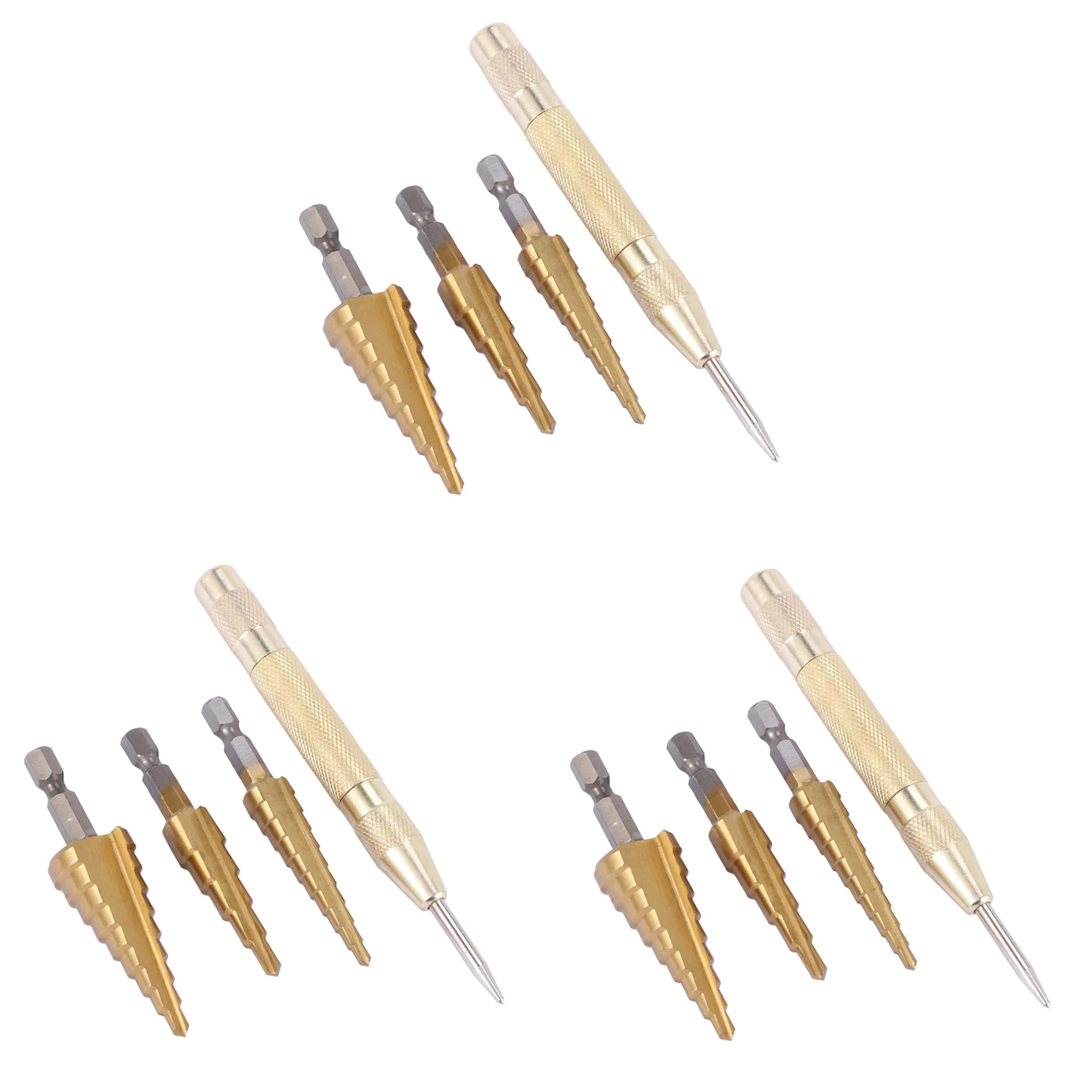 

AC88-9 Pcs HSS Titanium Step Drill Bit Set & 3 Pcs Automatic Center Punch