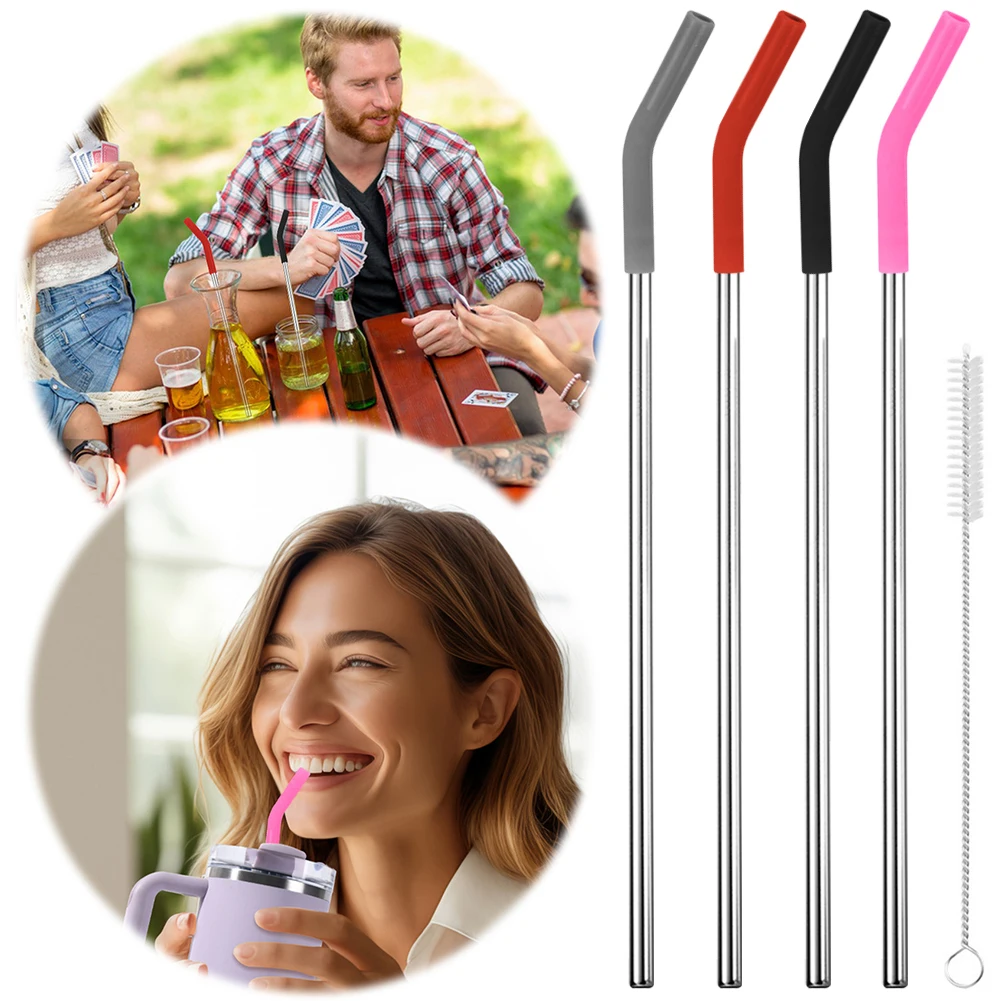 4Pcs Stainless Steel Straw with Silicone Tips Straw Brush Reusable Straws with Silicone Tips for Stanley 40oz Tumbler