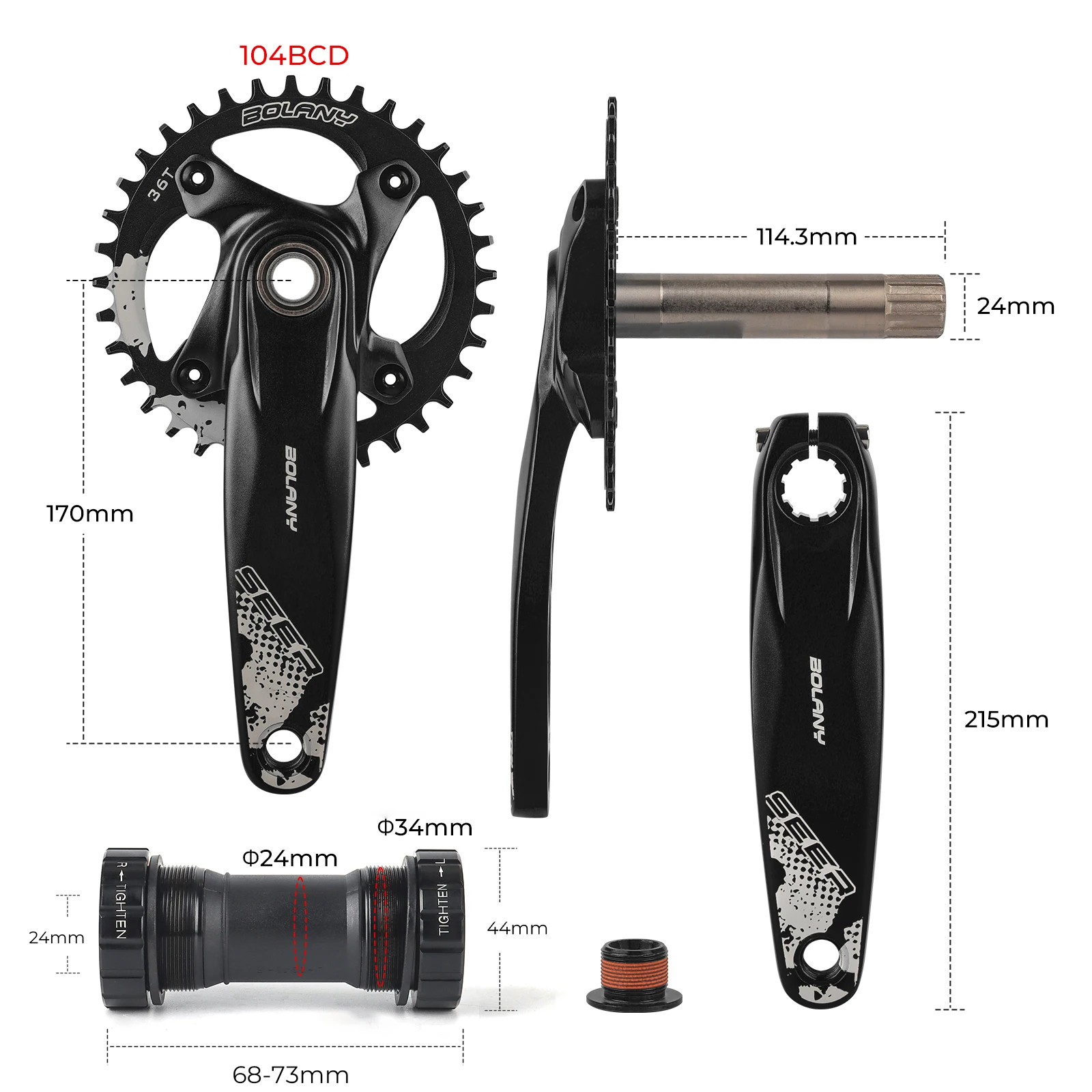 BOLANY MTB Crankset 1 x 8/9/10/11/12 Speed Hollow One-Piece Crankset 104BCD 34T/36T Single Disc Bicycle Chainset 170mm for XC