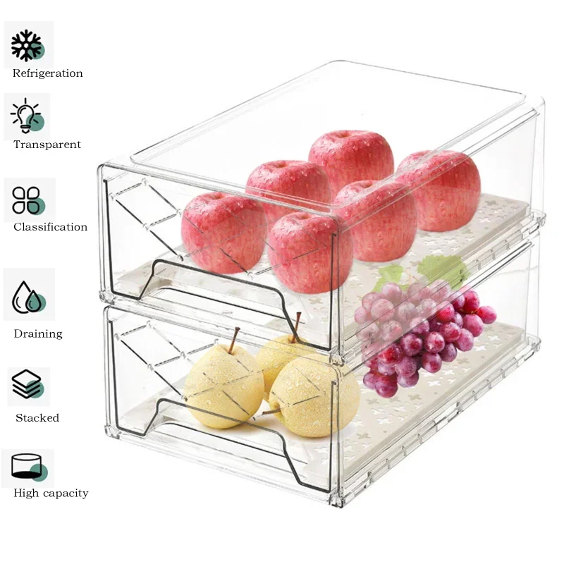 Refrigerator Organizer Storage Box Fridge Organizers Bins Plastic Stackable Drawer Container for Kitchen Refrigerator & Cabinets