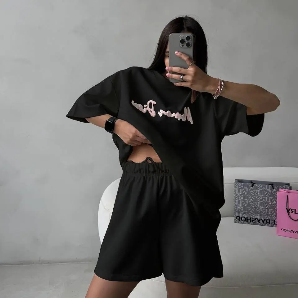 

Trendy Casual Set Loose Letter Print f Sve Elastic Waist orts Two Piece Set Women Cotton round Ne Overhead Summer
