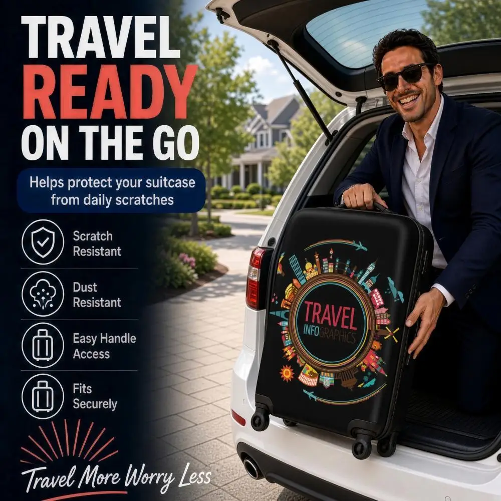 Colorful Circular Landmark Luggage Cover Black Travel Infographics Print Stretch Suitcase Protector