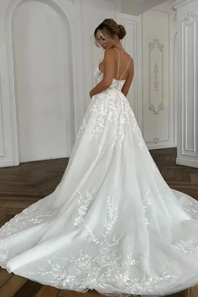 

Customized Glitter Lace Appliques Boho Wedding Dresses Deep V-neck Spaghetti Straps Bridal Gowns vestidos de novia