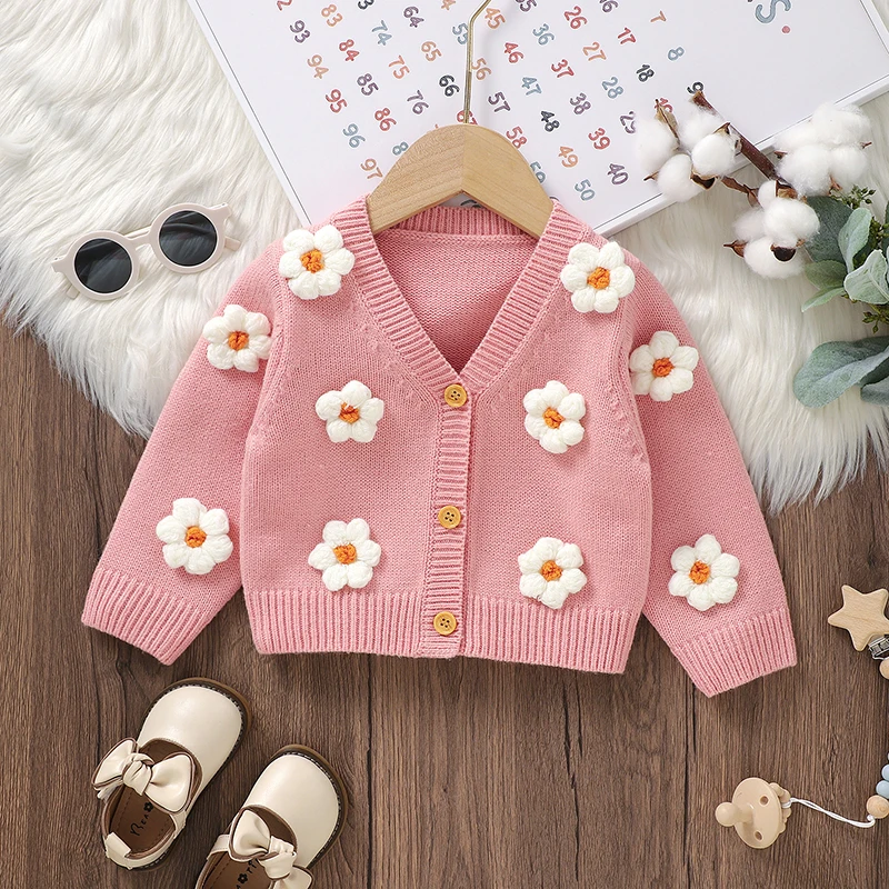 Baby Sweaters Knit Infant Boy Girl Cardigan Fashion Cute 3D Flowers Newborn Outerwear Kid Clothes Long Sleeve Spring Autumn Tops