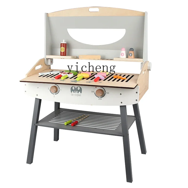 Tqh Mesa de barbacoa para niños, casa de juegos para barbacoa, cocina de madera, juguete, parrilla, estante, comida de simulación de cocina