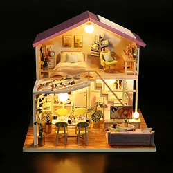Wooden Miniature Doll House 3D Puzzle Assembly Model Building Toys Home Bedroom Decoration With Furniture LED Lights DollHouses