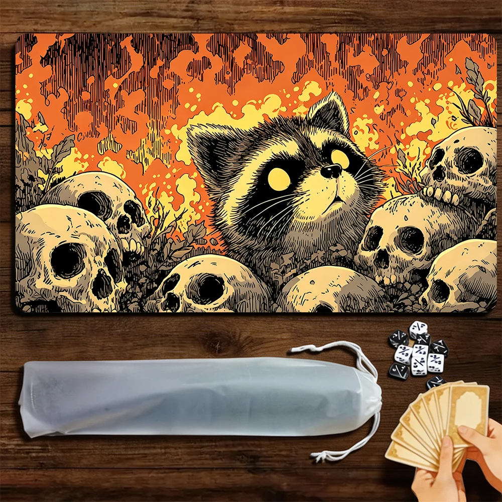 Ukiyo-e Raccoon Skull TCG Playmat Magic Playmat Gathering Gaming Mat with Stitched Edge Anti-slip base 60X35cm Trading Card Game