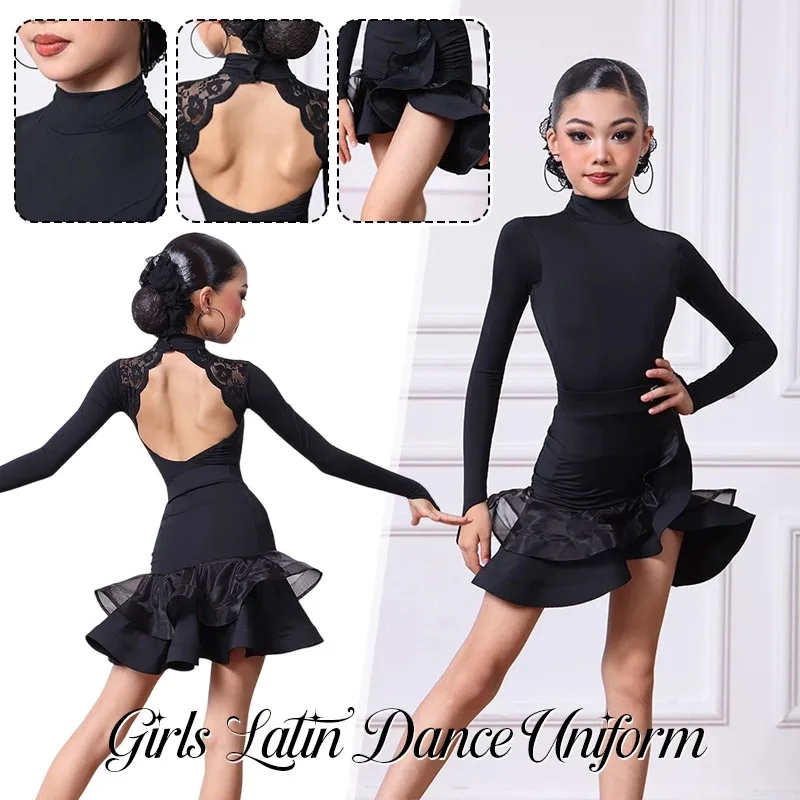 

1 шт., одежда для латинских танцев для девочек, униформа с длинными рукавами и открытой спиной, платье для соревнований, танцевальная одежда для танго, сексуальная тренировочная юбка для чачи, румбы, танго