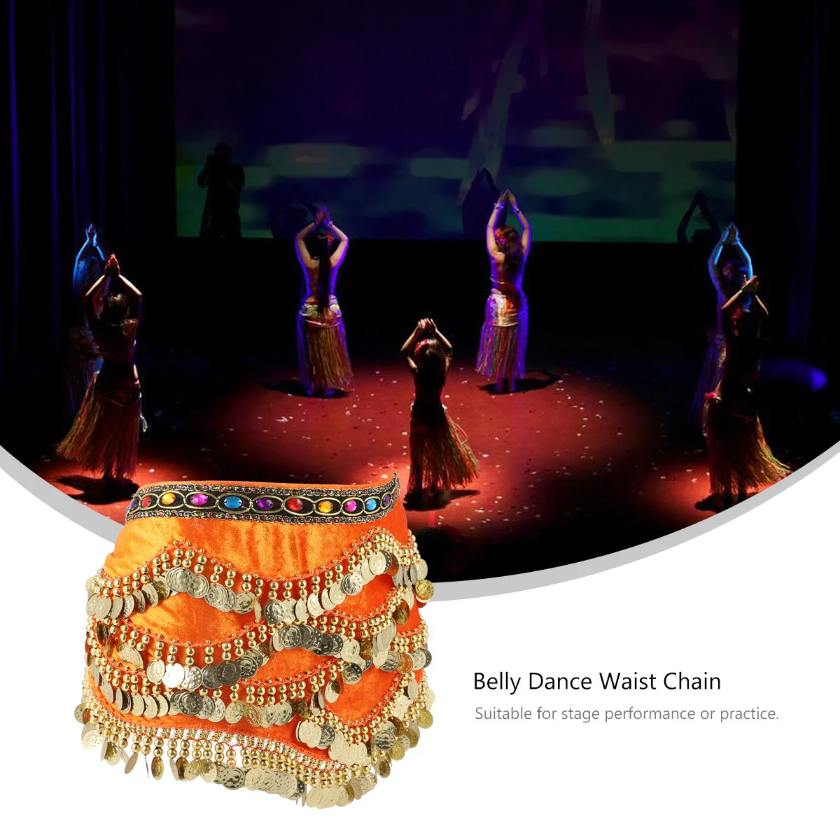 

1Pcs India Belly Dance Belt Hip Scarf Orange Lightweight Adjustable Coins Diamonds Hip Wrap for Performance Practice Women Skirt