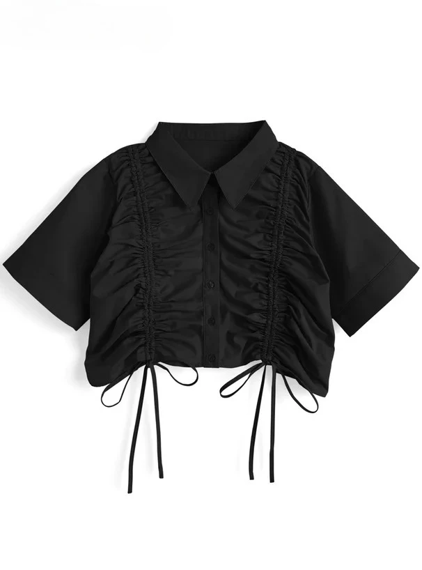 

Summer New Japanese Sweet Girls Versatile Drawstring Lace-up Short-sleeved Shirt Solid Color Lapel Slimming Blouse Short Tops