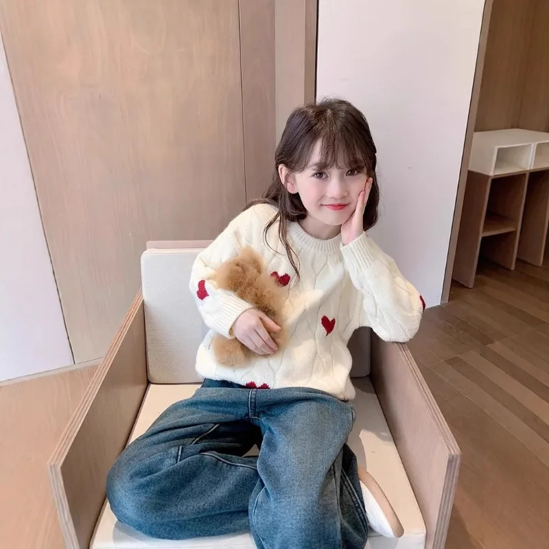 Kids Girls Heart Pattern Cable Knit Sweater Crew Neck Long Sleeve Warm Pullover Knitwear