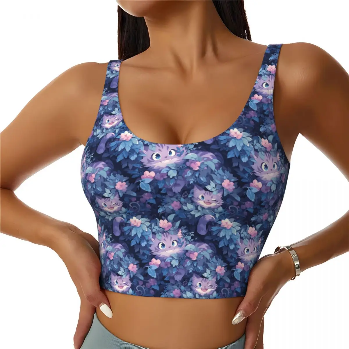 

Custom Cartoon Cheshire Cat Workout Crop Tank Tops Women's Animes Yoga Sports Bras