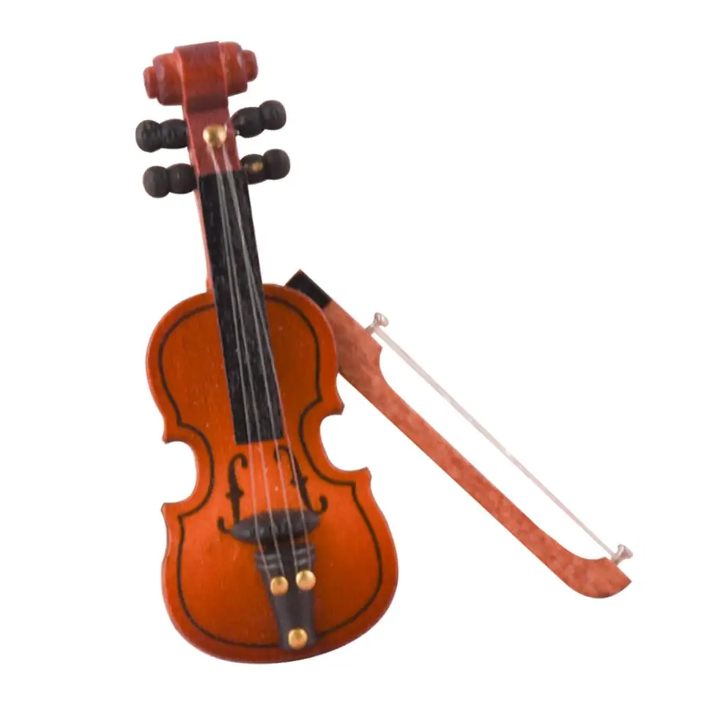 Violino De Madeira Para Dollhouse, Modelo Em Miniatura Com Arco, Instrumento Musical, 1:12