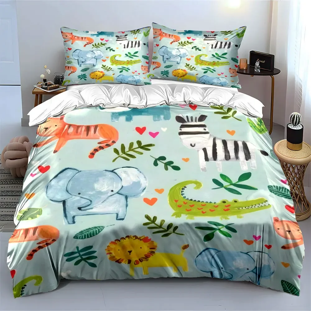 3Pcs Safari Animal Bedding Set, Watercolor Elephants, Lions and Zebras Print Duvet Cover + 2 Pillowcases,bedroom Jungle Decor