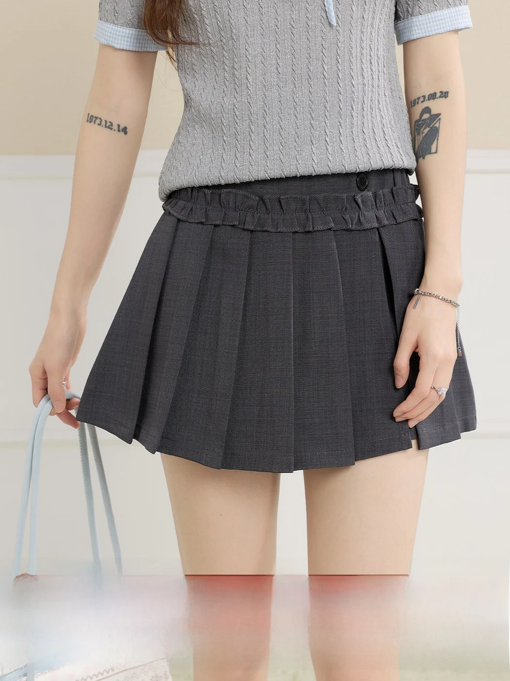 

Meng Xiaoqi Grey Pleated Skirt Women's High Waist Slimming Prevent Exposure A-Line Skirt Summer Fashion College Style