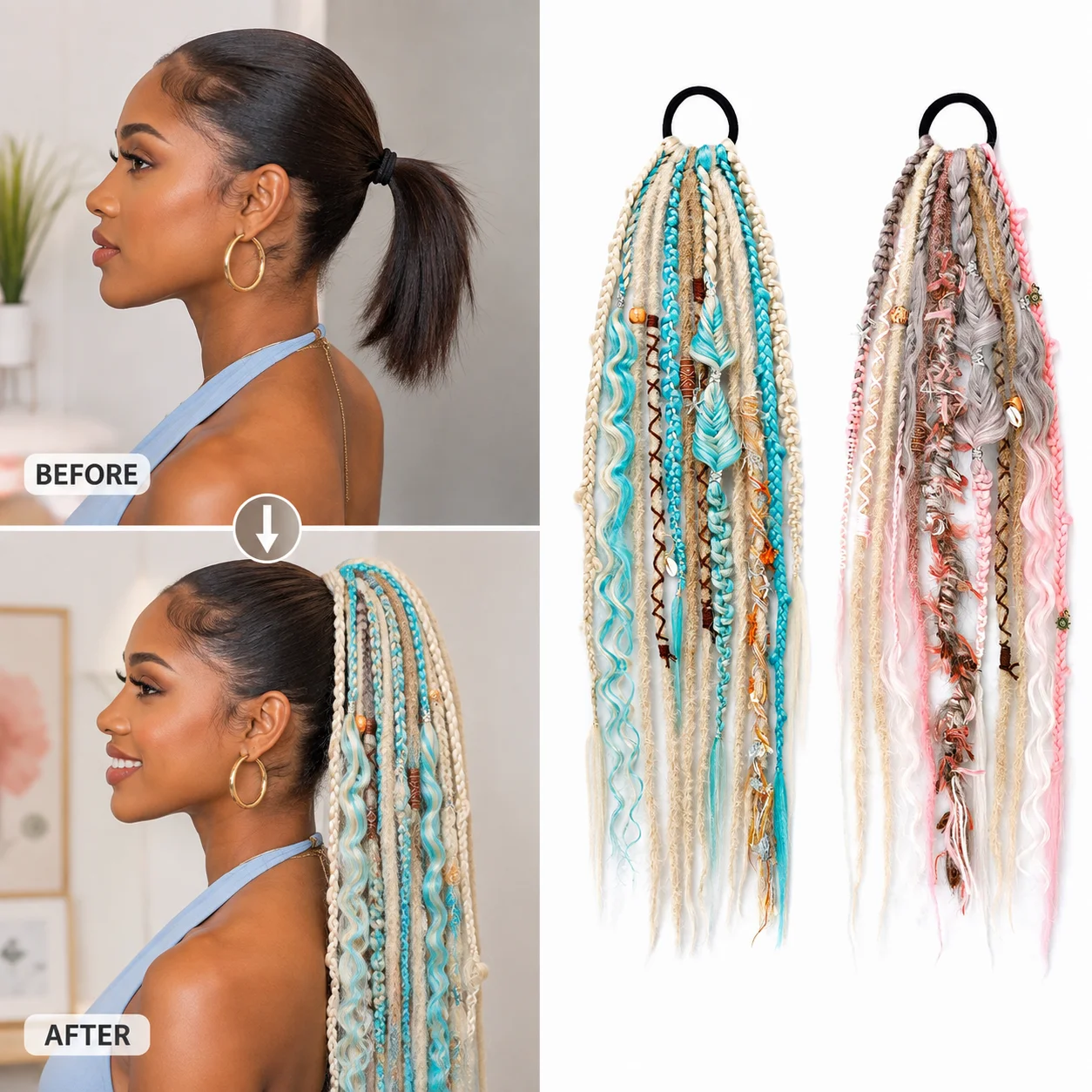 22 Inch Bohemian Braided Ponytail Extension for Women Colorful Boho Festival Hairpiece Elastic Hair Tie Long Synthetic Braids
