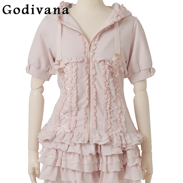 

Liz Sportswear Japanese Mine Sweet Cute Bow Slim Short-sleeved Top Shorts Set Sweet Girls Lolita Style Hooded Jacket Shorts Set