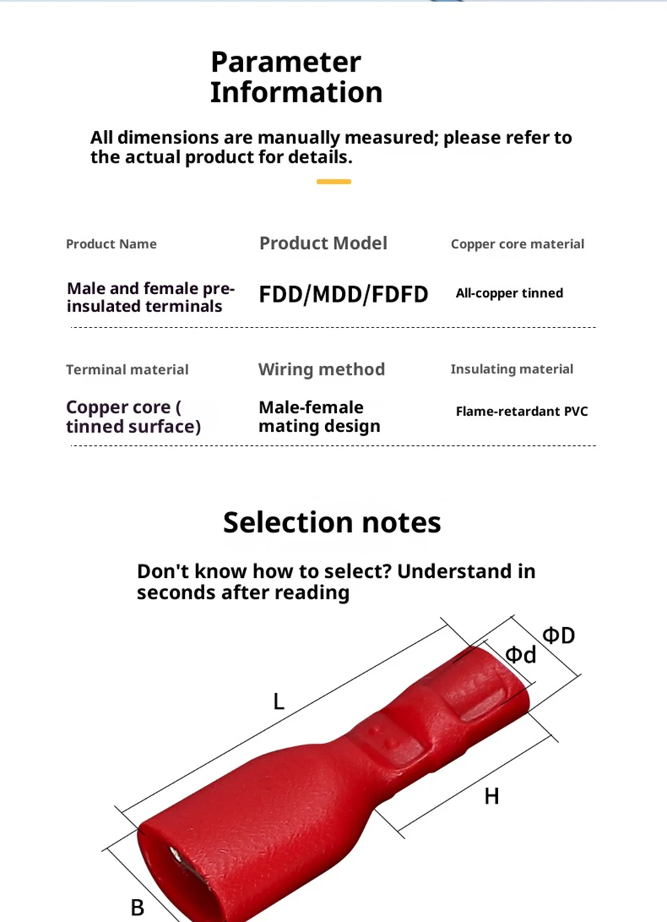 Flachstecker-Crimpklemmen 2,8 4,8 6,3 mm Isolierte Stecker und Buchsen für Kabelverbindungen FDD/MDD/FDFD für Schnellverbindungskabel – Detail 6