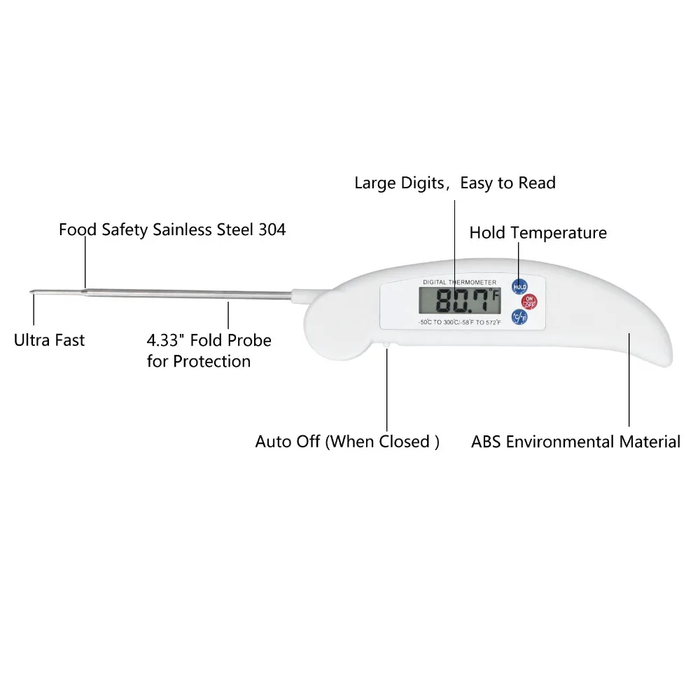 ABS Stainless Steel Digital Food Thermometer Foldable Probe Fast Measurement Instant Read Thermometer Calibration Function