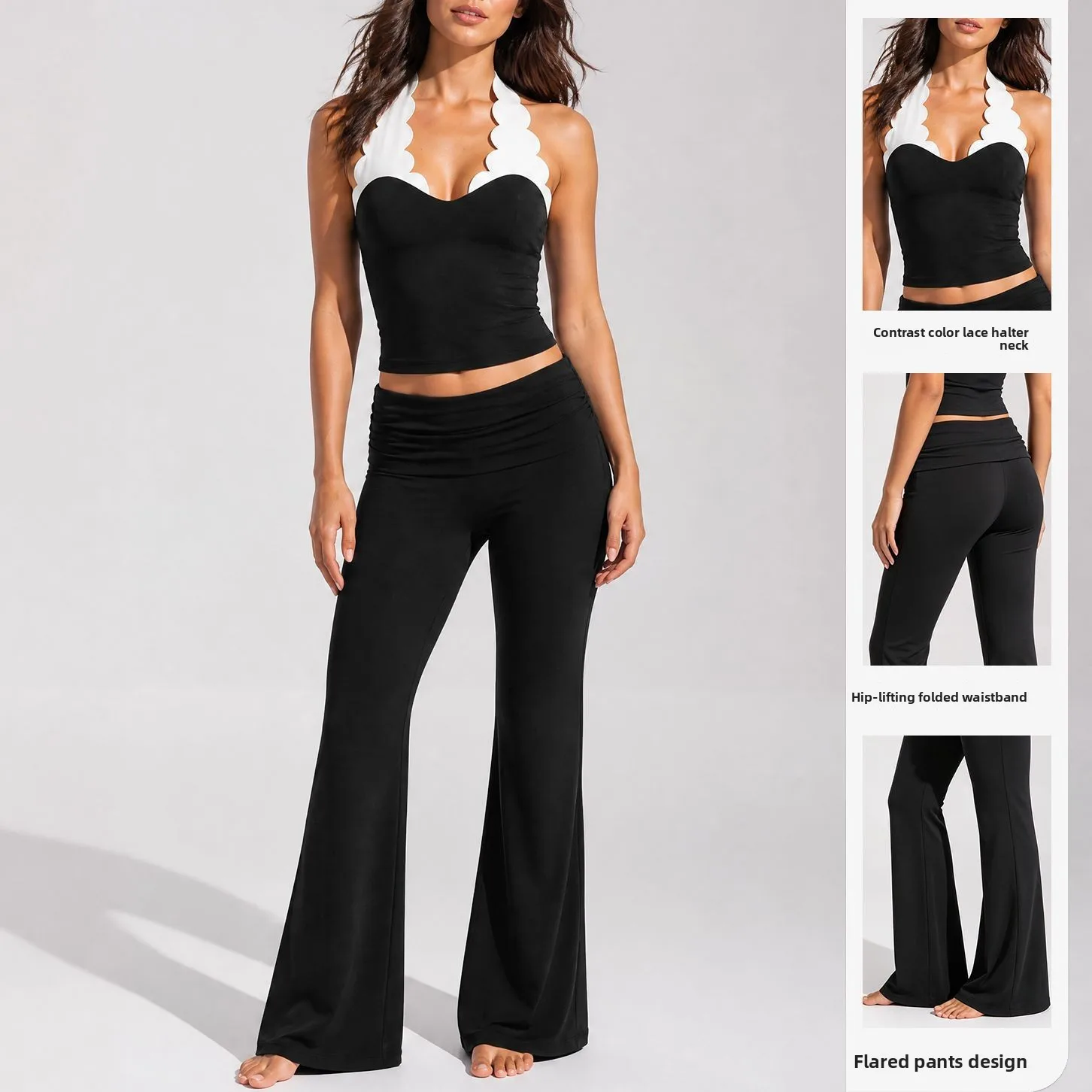Women 2Pcs Yoga Set Scallop Contrast Halter Crop Top Fold Over Waist Flare Sports Leggings Gym Pilates Workout Activewear Outfit