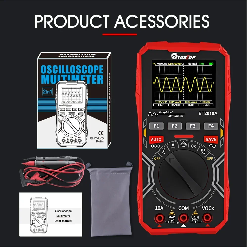 TOOLTOP ET2010A Digital Oscilloscope Multimeter 1Mhz 2.5MSps Color Handheld Oscilloscope AUTO Waveform Electronic DIY Tools