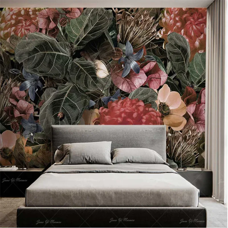 Custom Nordic beautiful retro tropical plants flowers birds wallpapers for living room TV background mural wall paper Stickers