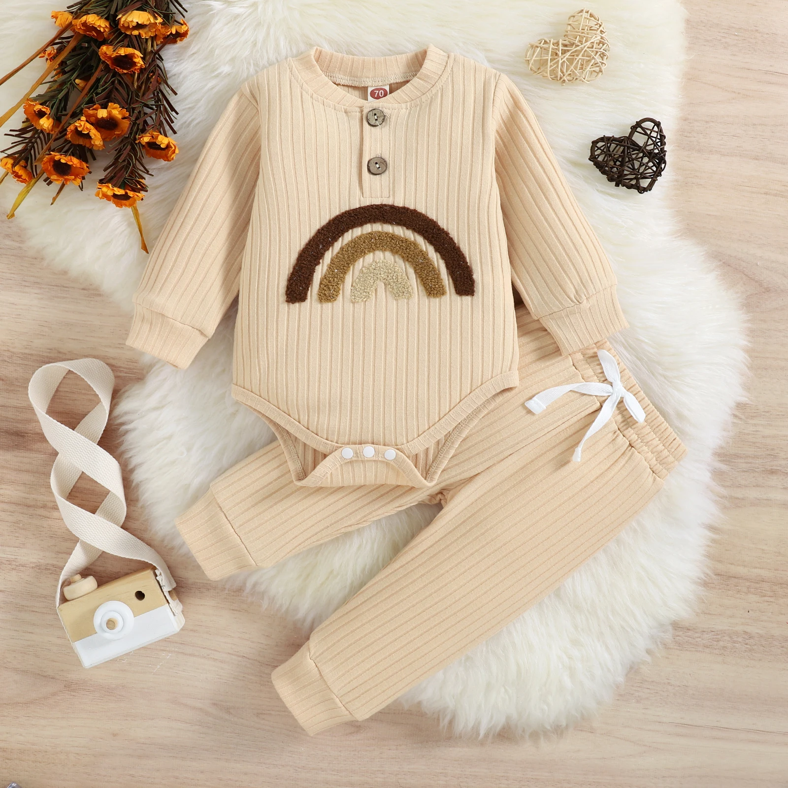 2PCS Autumn Boys And Babies Aged 0-2 Two-Color Towel Embroidery Rainbow Long-Sleeved Suit + Solid Color Pants Set