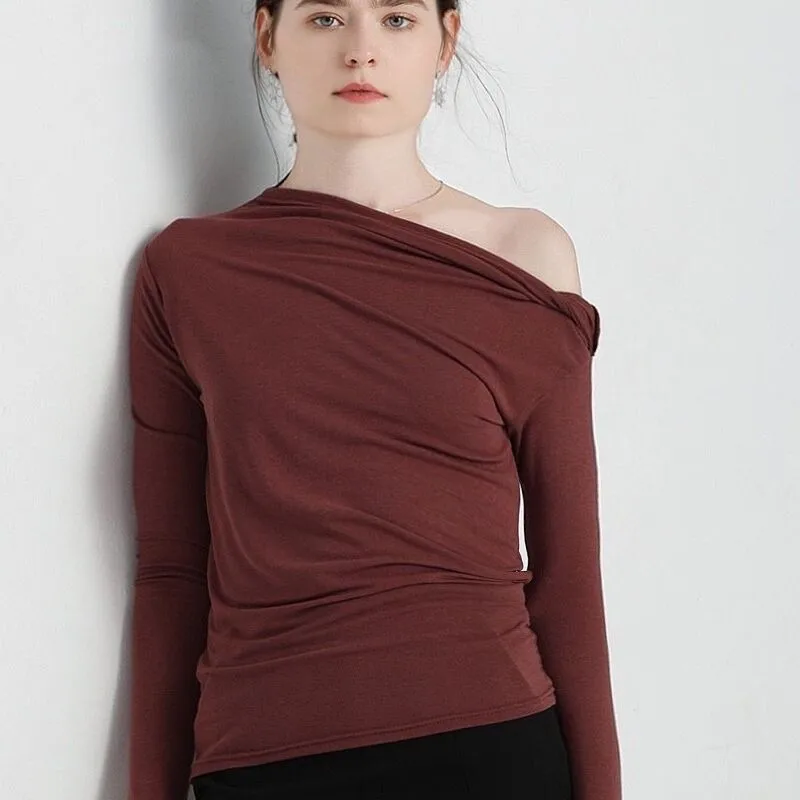 2025 Nieuwe Zomer Vrouwen Breien T-Shirt Skew Kraag katoenen T-shirts Vrouwelijke Volledige Mouw Herfst Stretch gebreide Shirts Tops