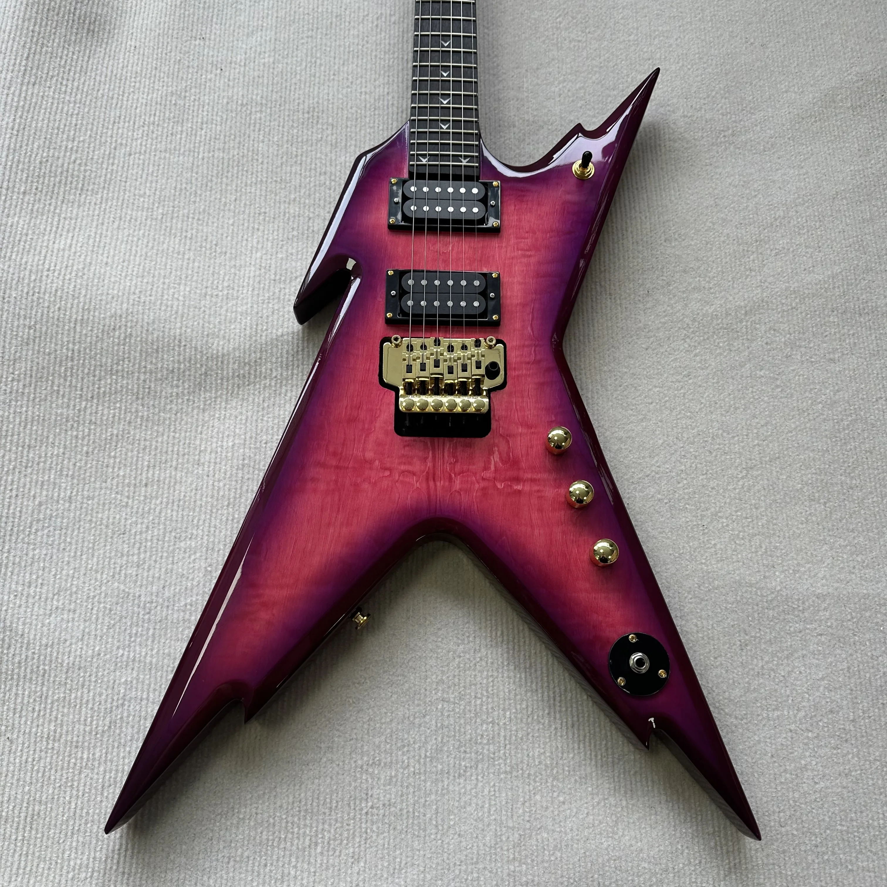 US Warehouse Razorback V Electric Guitar Gloss Purple-Pink Burst Flame Grain Top Dual High Output Humbuckers Double Locking Tremolo Gold Hardware Thrash Metal Electric Guitar