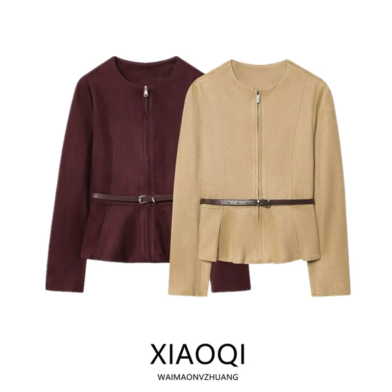 

Fall 2025 New Women's Faux Suede ort Skirt Jaet Coat with Belt Commute Sle Regular Sve Long Zipper round Ne