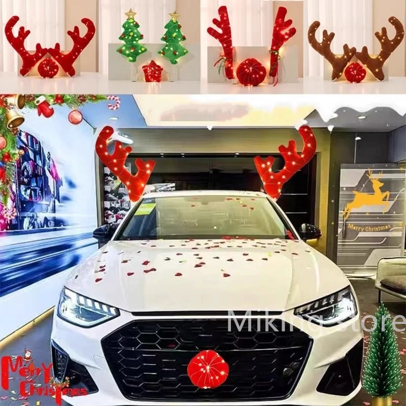 Car Vehicle Reindeer Decoration Elk Antler Nose Horn Costume Decor Set Rudolph Christmas Reindeer Antlers Red Nose Ornaments