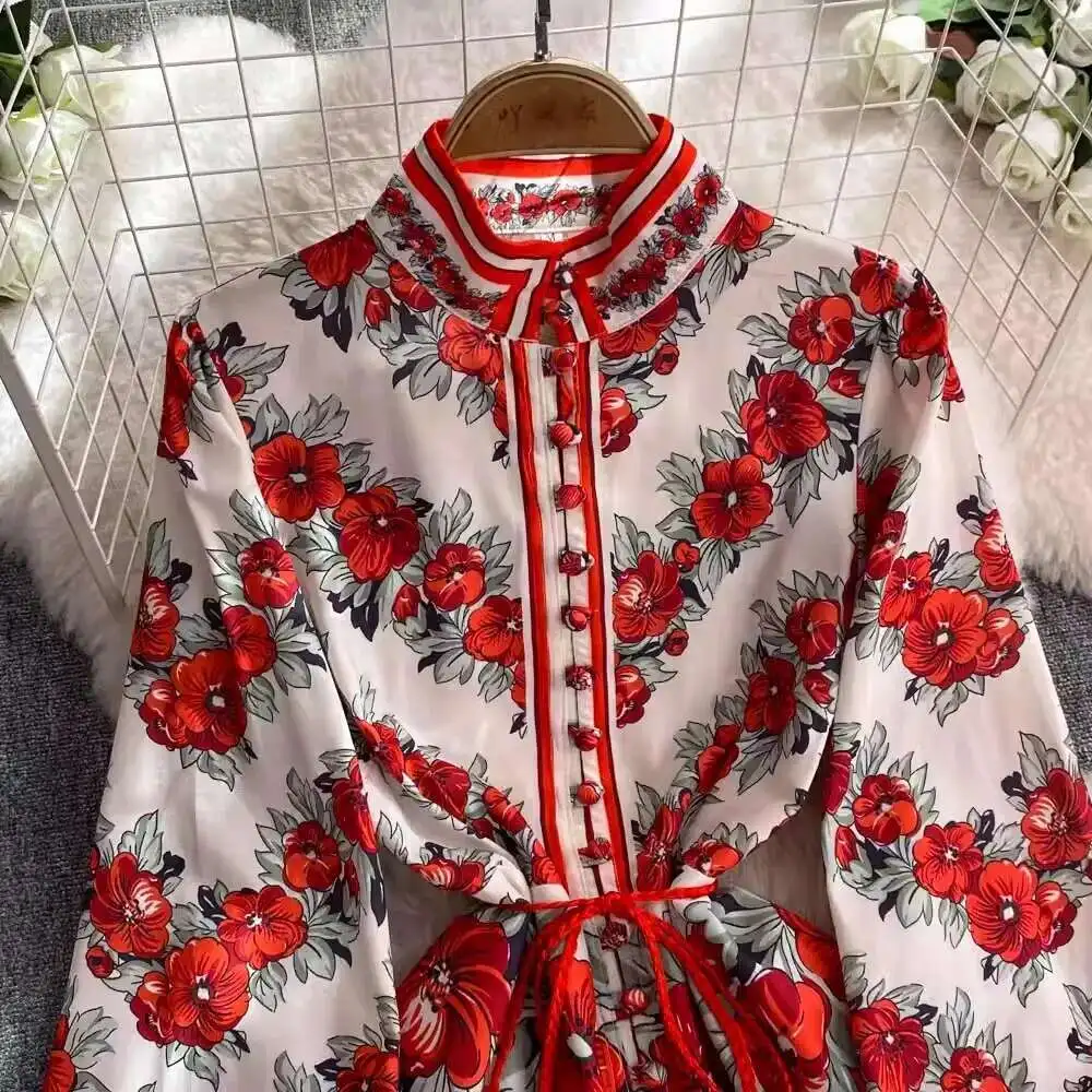 Runway Autumn Floral Linen Short Dress Women Clothing Single Breasted Long Lantern Sleeve Belt Ruffles Holiday Party Vestidos