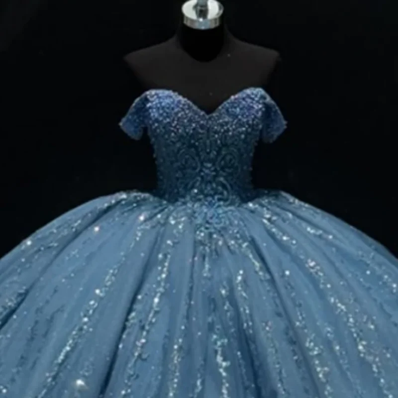 

Shiny haze blue Quinceanera Dress glitter flower crystal Decal Long tail Pearl jewelry Vestidos De 15 Quinceanera ﻿Customize