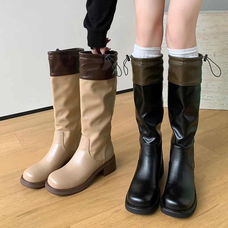 

2023Autumn/Winter Cowhide Thick Heel Fashion Elastic Boots Sleeve Plush Medium Heel Knee Length High Boots Fashion Women's Shoes