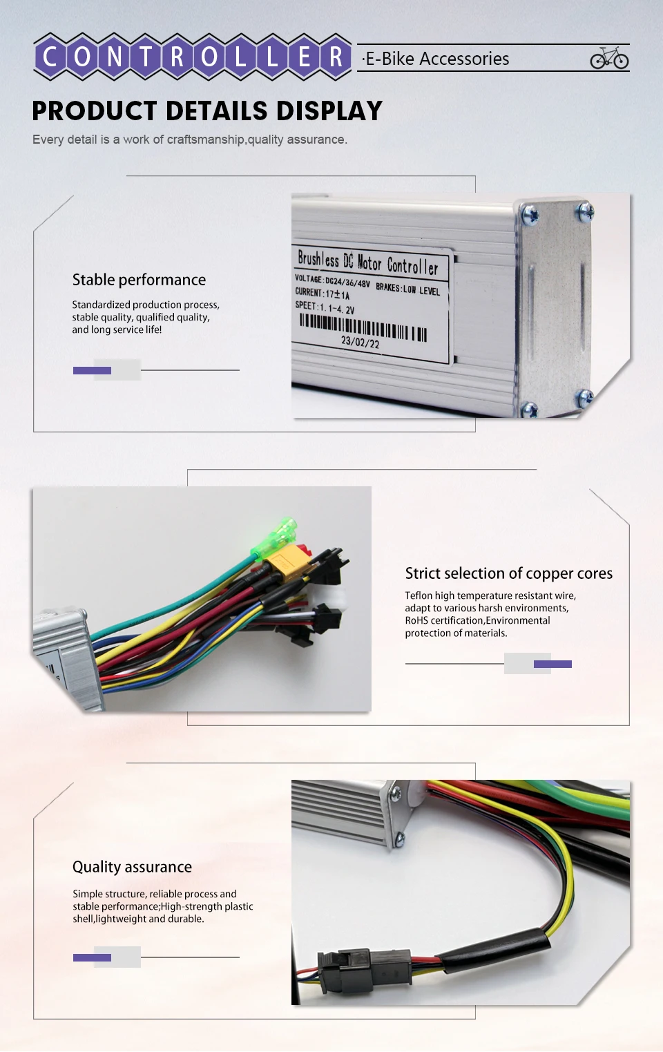 3-Modus 17A Sinuswellen-Controller 36V48V 250W350W Bürstenloser Motor-Controller UART-Protokoll Nr. 2, ohne Hall-Sensor, für E-Scooter-Fahrrad – Detail 4