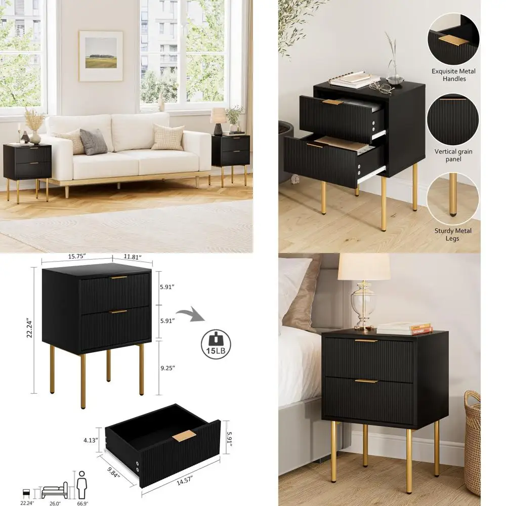 

Mid-Century Modern 2-Drawer Nightstand, Gold Frame Accent Table for Bedroom/Living Room, Black