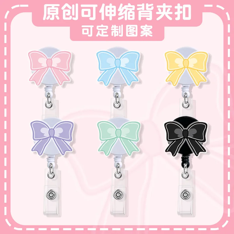 Ins Romantic Bow Acrylic Retractable Badge Reel Anti Loss Back Clip Girl Student School ID Card Holder