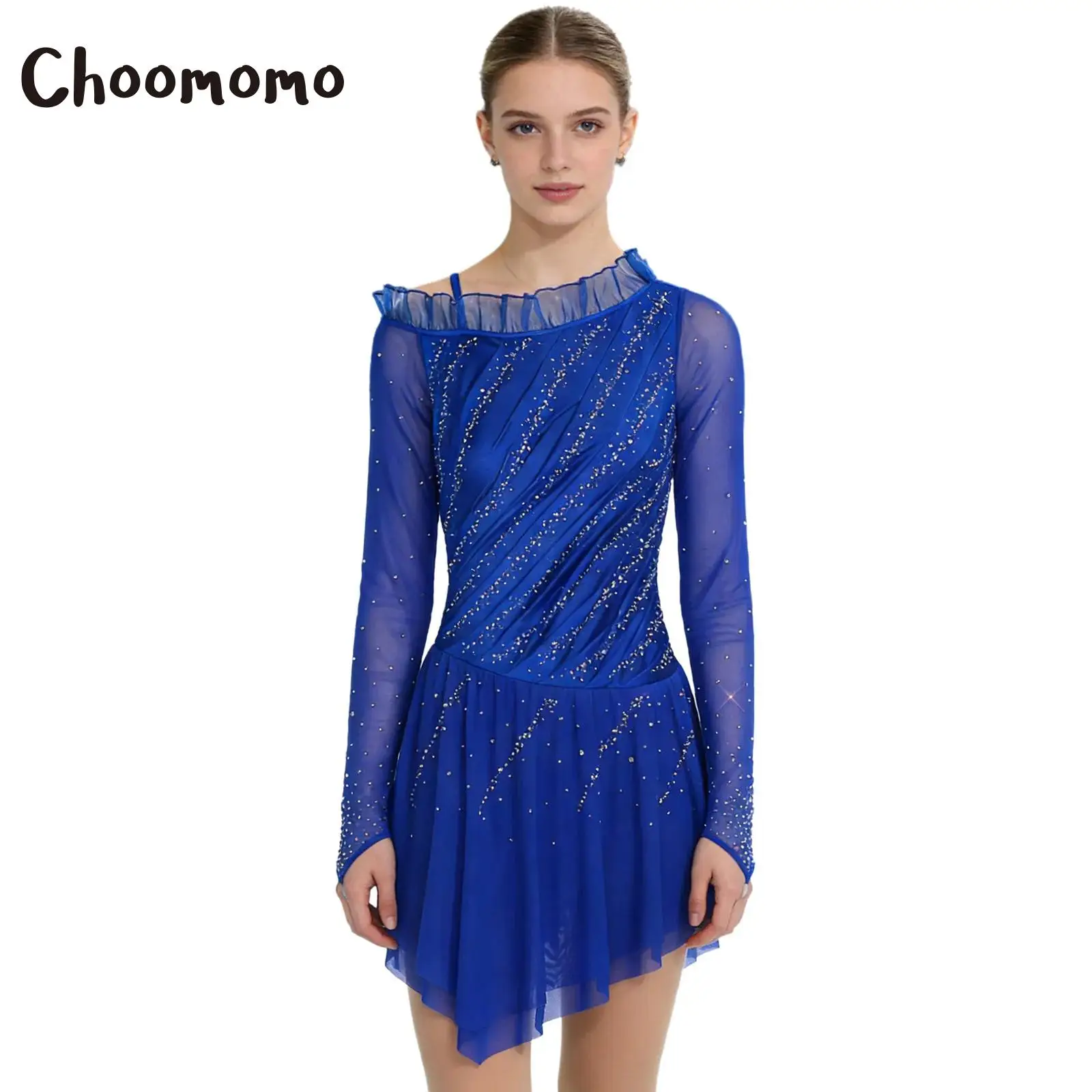 

Women Figure Skating Dress Sheer Mesh Long Sleeves Asymmetrical Shoulder Ruffle Rhinestones Lyrical Ballet Leotard Dress Costume