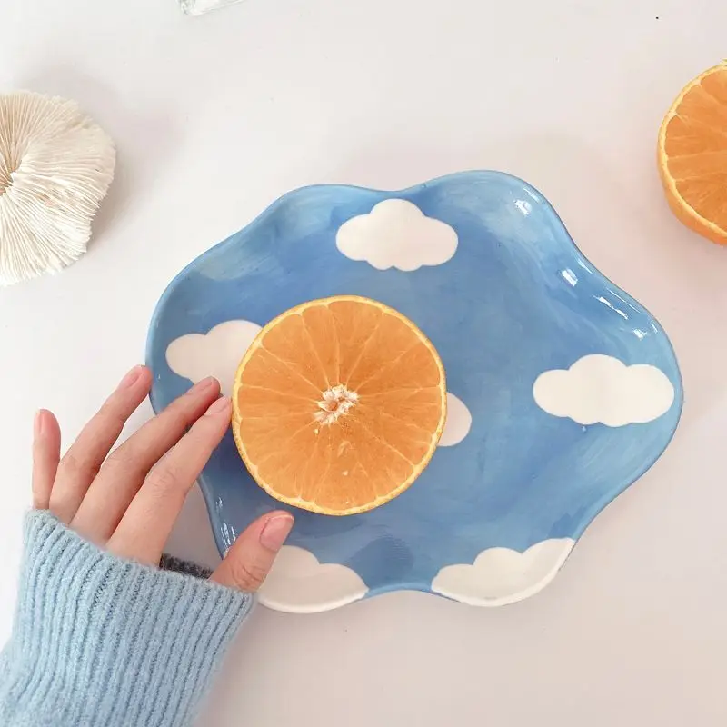 

Cloud Ceramic Plate Fruit Dessert Breakfast Plate Home Korean Version Small Fresh Cloud Hand Painted Cute Girl Heart Gift
