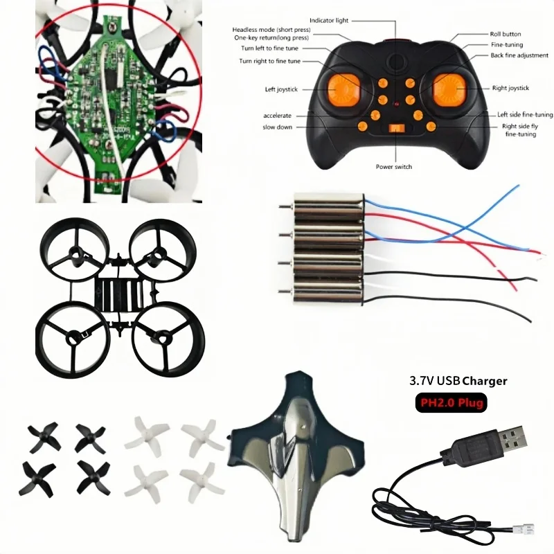 Kit Completo de Dron DIY 2.4G con Giroscopio de 6 Ejes, Modo Headless, 3D Roll, Eachine E010 JJRC H36, Receptor FPV, Transmisor, Motor, Hélice, Batería