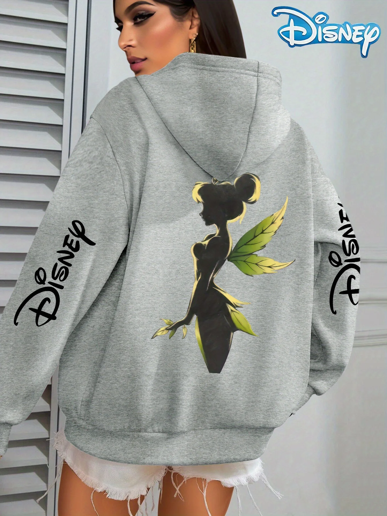 レディース ディズニー ティンカーベル柄 秋冬 フリース フード付きスウェットシャツ ユニセックス ストリートウェア オーバーサイズ ルーズ カジュアル