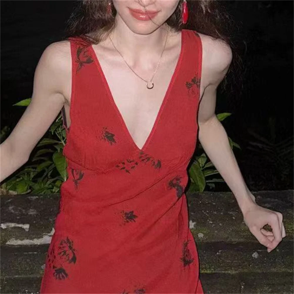 

Vintage Red Strap Dress for Women V-Neck Floral Print Slant Cut Hip Package Fishtail Dresses Lady Clothing