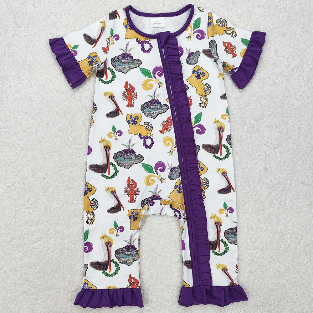 Boutique Baby Infant Girls Rompers Mardi Gras Bird Crawfish Ruffle Zip Rompers Kids Sibling Clothing Boys Rompers Girls Onesie